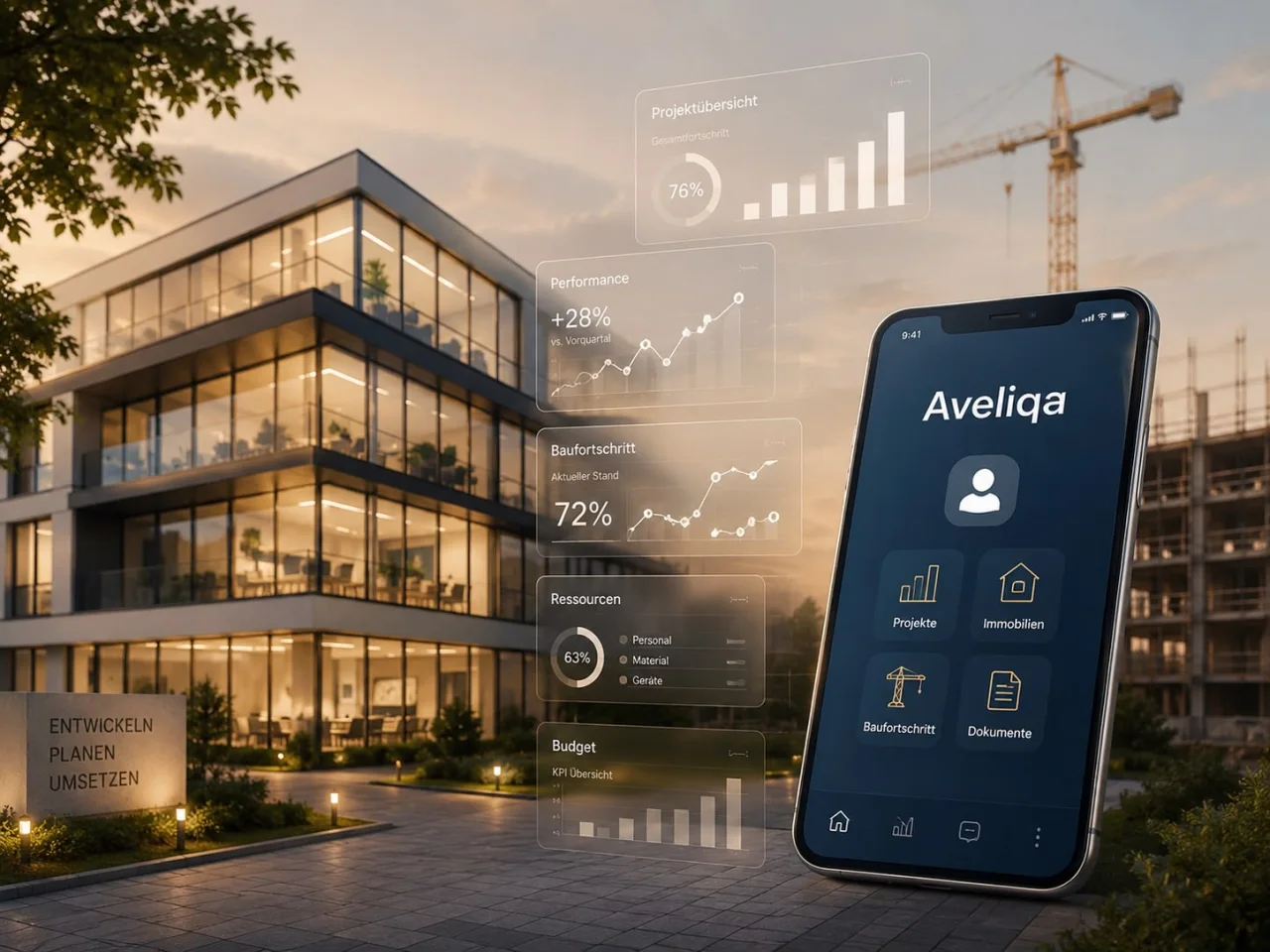 Modernes Gebäude und die Aveliqa-App mit Kennzahlen